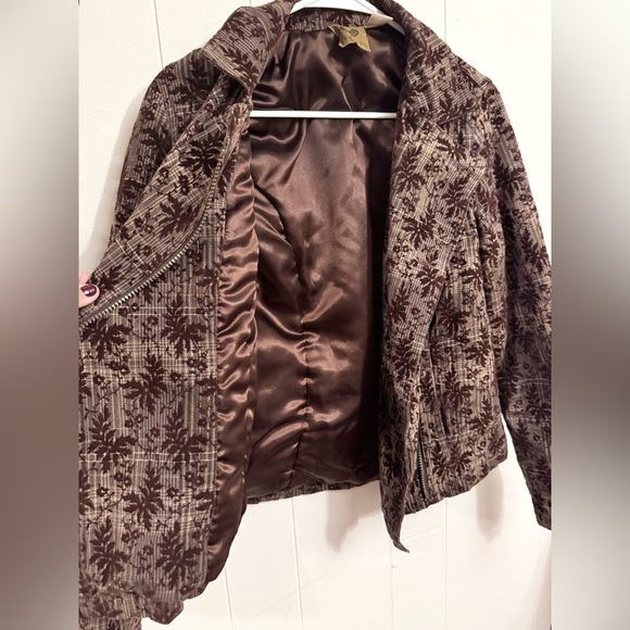 Vintage Y2K Tsunami Brown Plaid Leaf Velvet Moto Jacket Women S Fall Academia - Picture 5 of 10